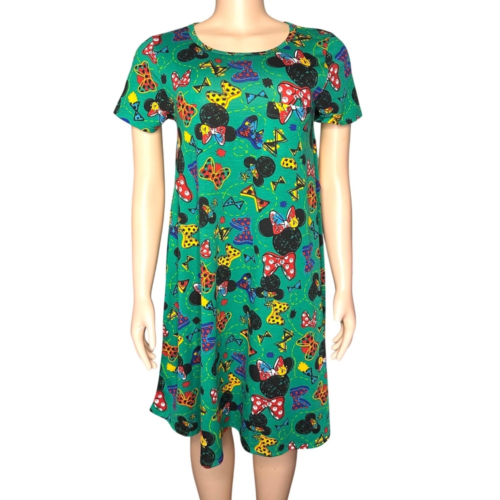 LuLaRoe x Disney Carly Minnie Bows High Low Swing Dress Women's XS Green  NWT